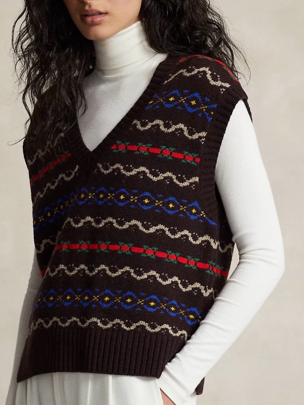 Polo by Ralph Lauren Fair Isle V-Neck Brown Knit Wool Blend Sweater Vest Size S